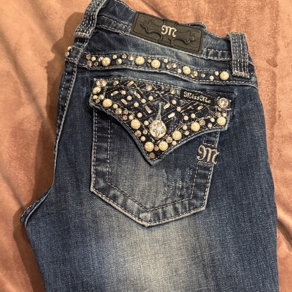 Miss Me Dark Blue Jeans with Pearl Embellishments